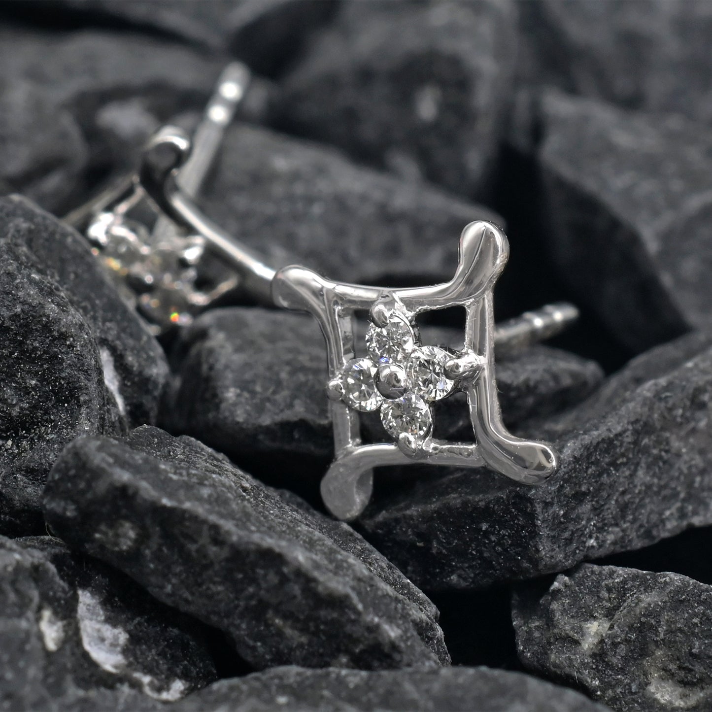 Four Stone Push Back Studs In 14k Solid White Gold Dainty Diamond Minimalist Earrings