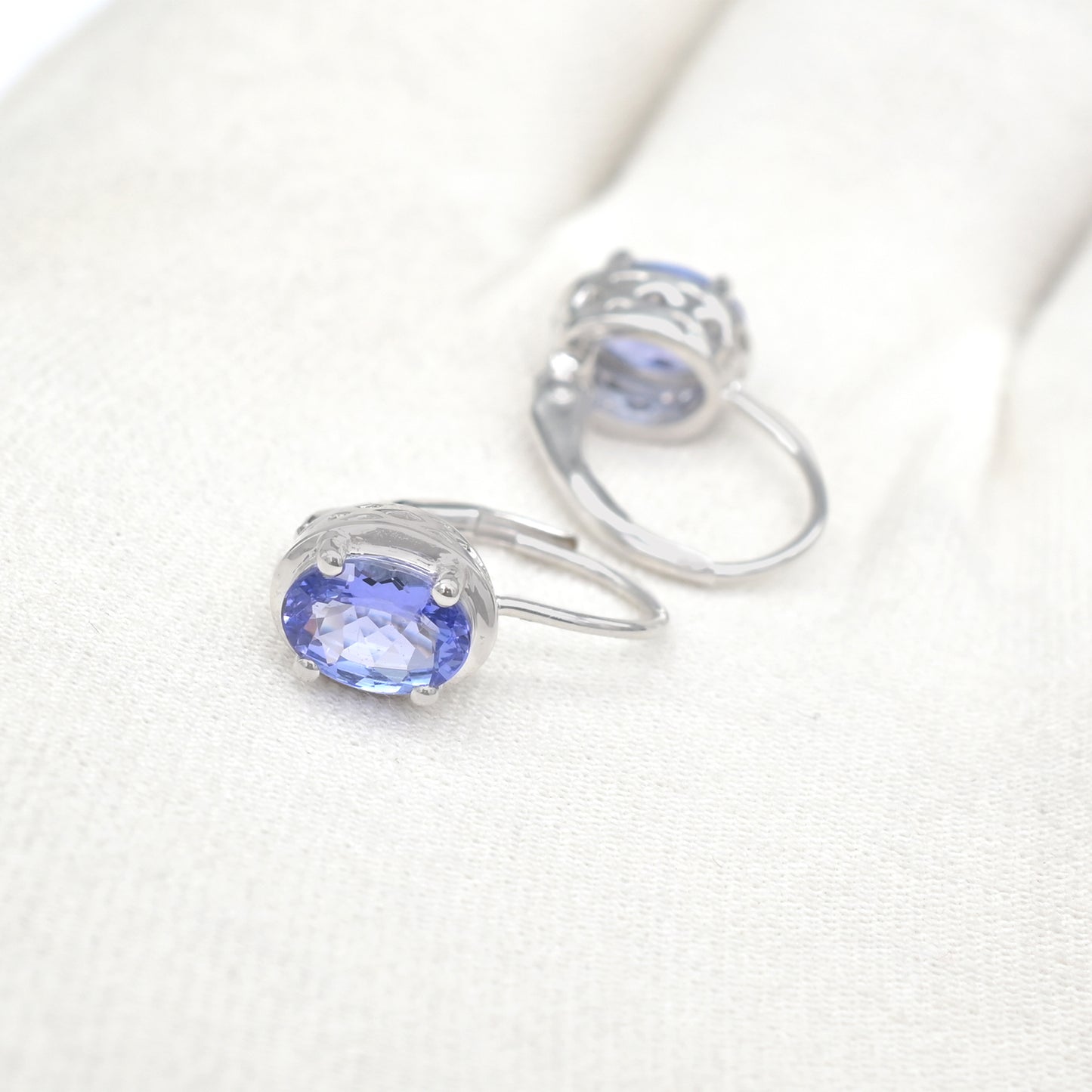 Solitaire Lever Back Earrings With 7x5mm Tanzanite Birthstone Earring In 14k White Gold