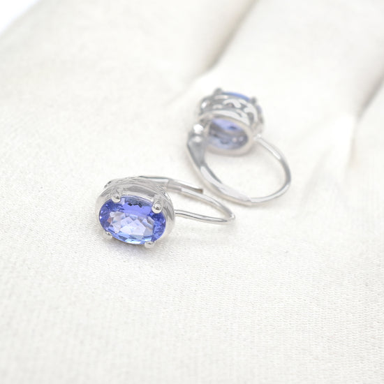 Solitaire Lever Back Earrings With 7x5mm Tanzanite Birthstone Earring In 14k White Gold