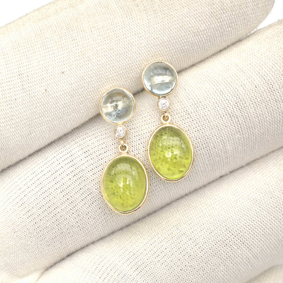 Oval Peridot Dangle Earring With 6mm Aquamarine Diamond 14k Yellow Gold 3 Stone Earrings