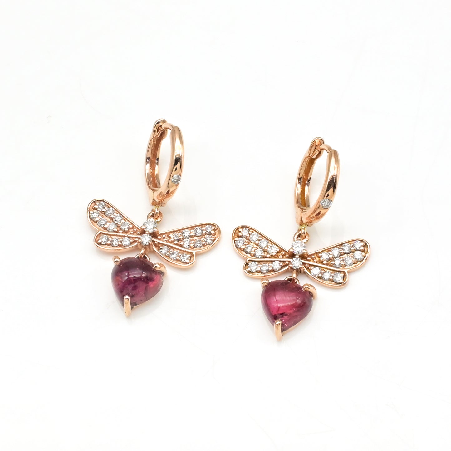 Dangle Heart Hoops With 6.5mm Pink Tourmaline And Diamond Love Earrings In 14k Rose Gold