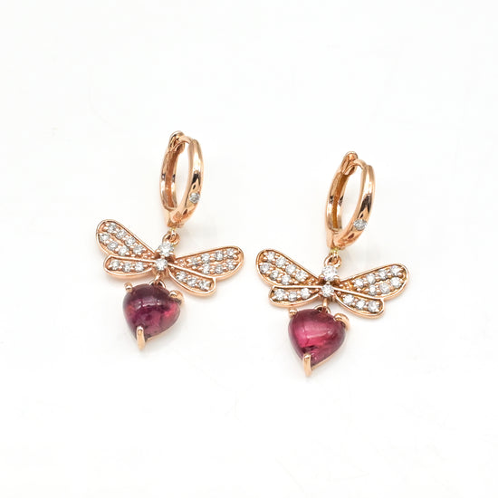 Dangle Heart Hoops With 6.5mm Pink Tourmaline And Diamond Love Earrings In 14k Rose Gold