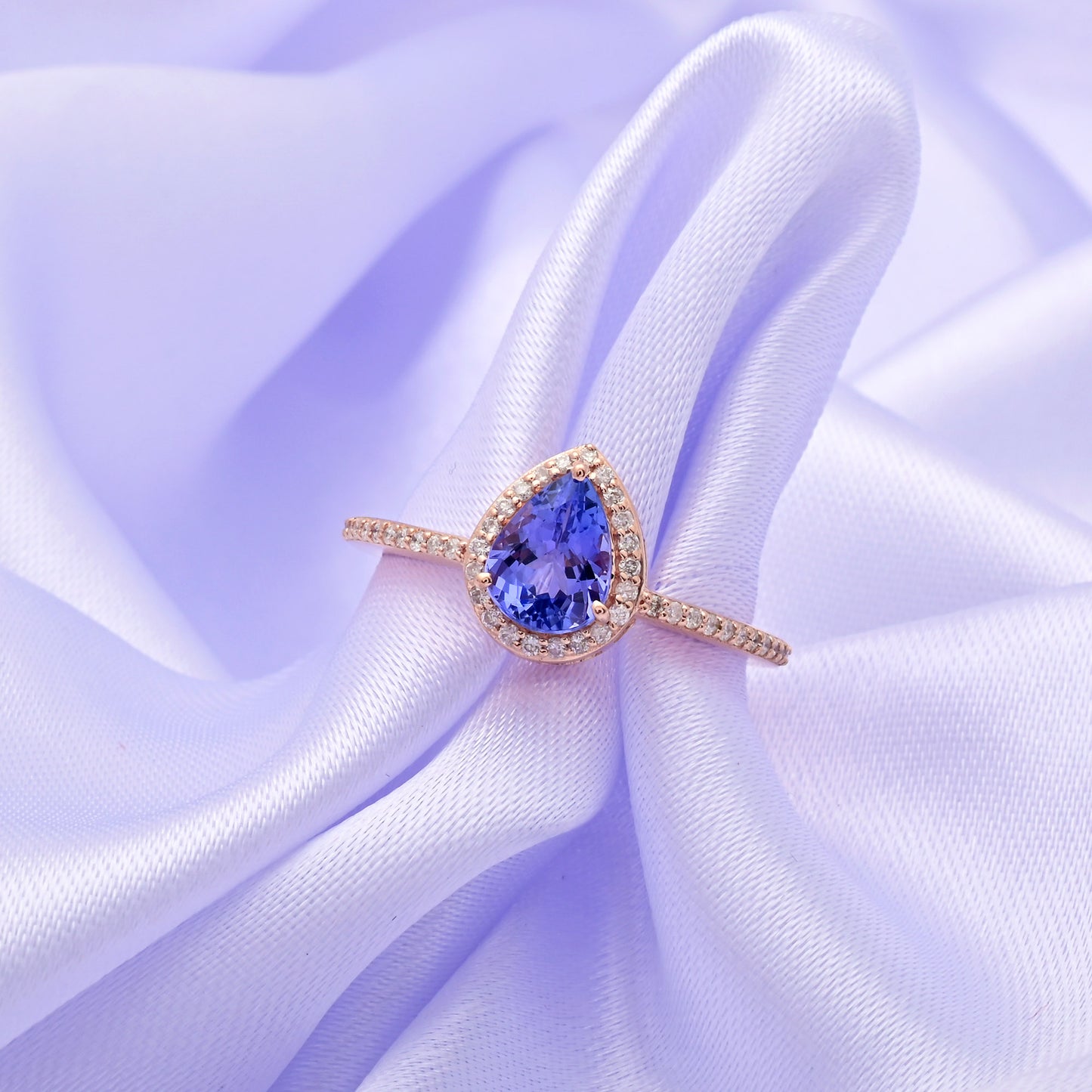 Real 14k Rose Gold IGI Cerified Ring With 8x6mm Pear Tanzanite Halo Diamond Women Rings