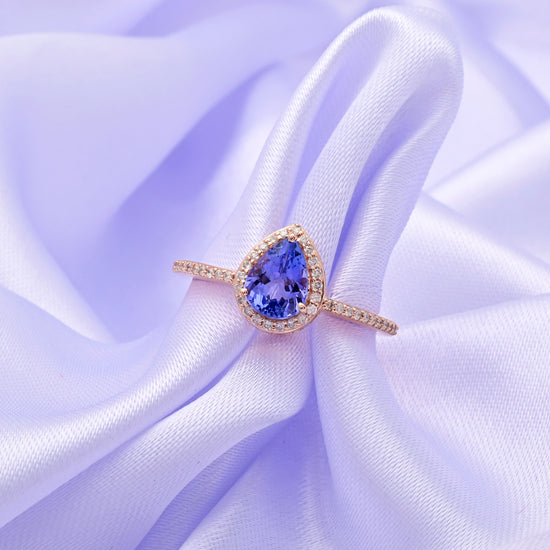 Real 14k Rose Gold IGI Cerified Ring With 8x6mm Pear Tanzanite Halo Diamond Women Rings