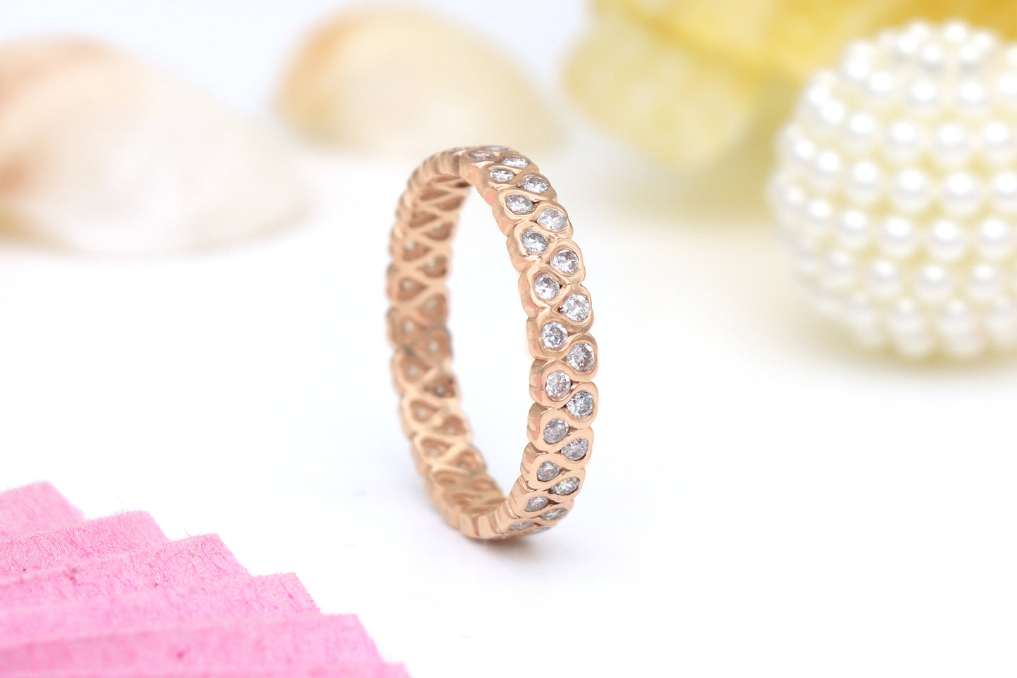 Dainty Eternity Wedding Band In 14k Rose Gold G-H Diamond 1.5mm Round Stacking Ring