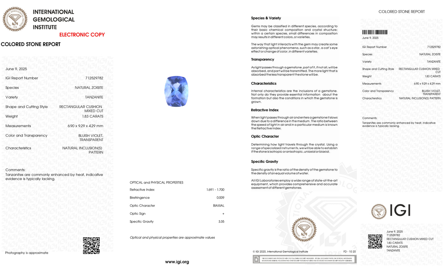 Cushion Cut 1.83 Ct Tanzanite Semi Precious Loose Gemstone For Sale, 1 Piece