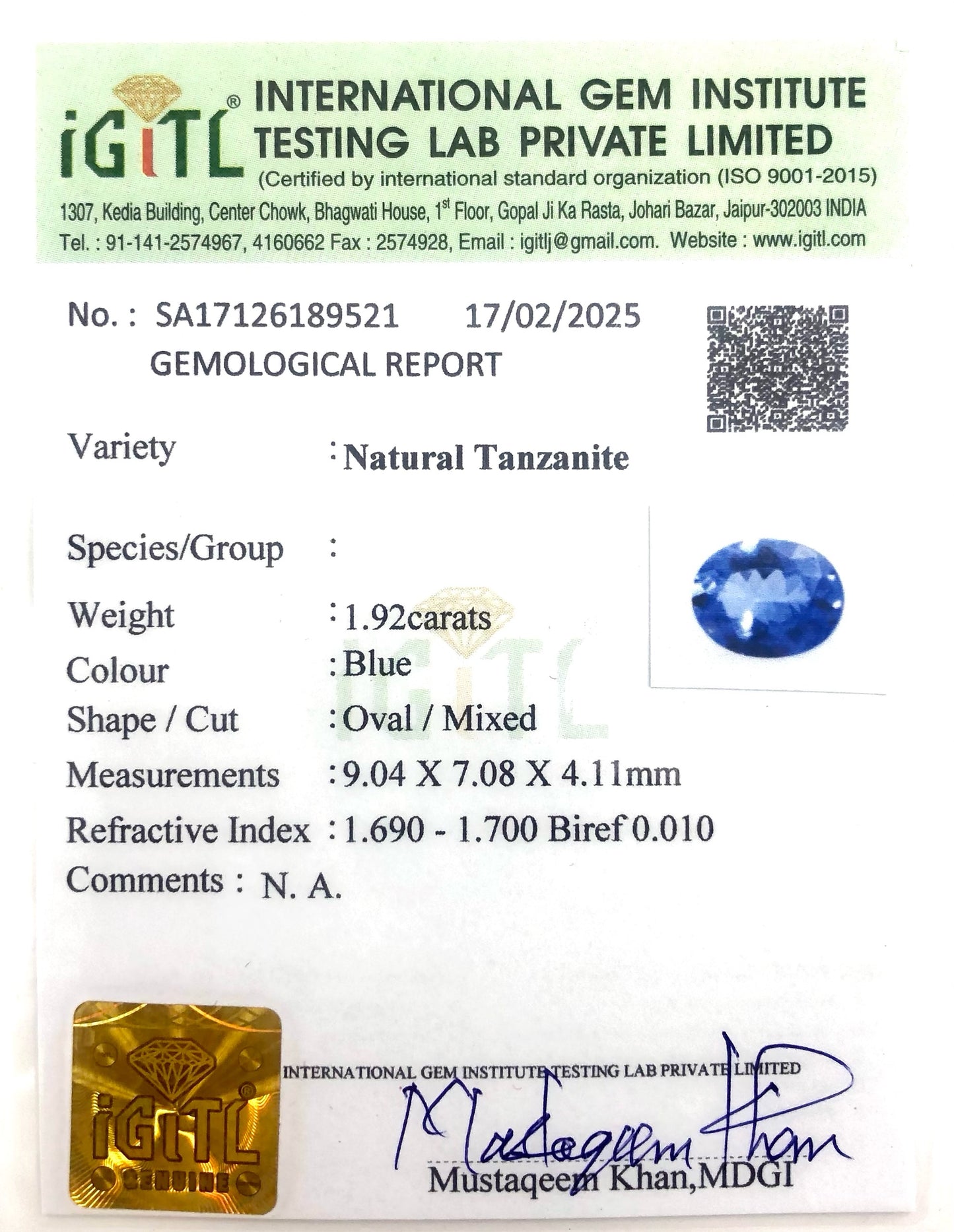 Oval Cut 1.92 Ct Tanzanite Semi Precious Certified Loose Gemstone For Sale, 1 Piece