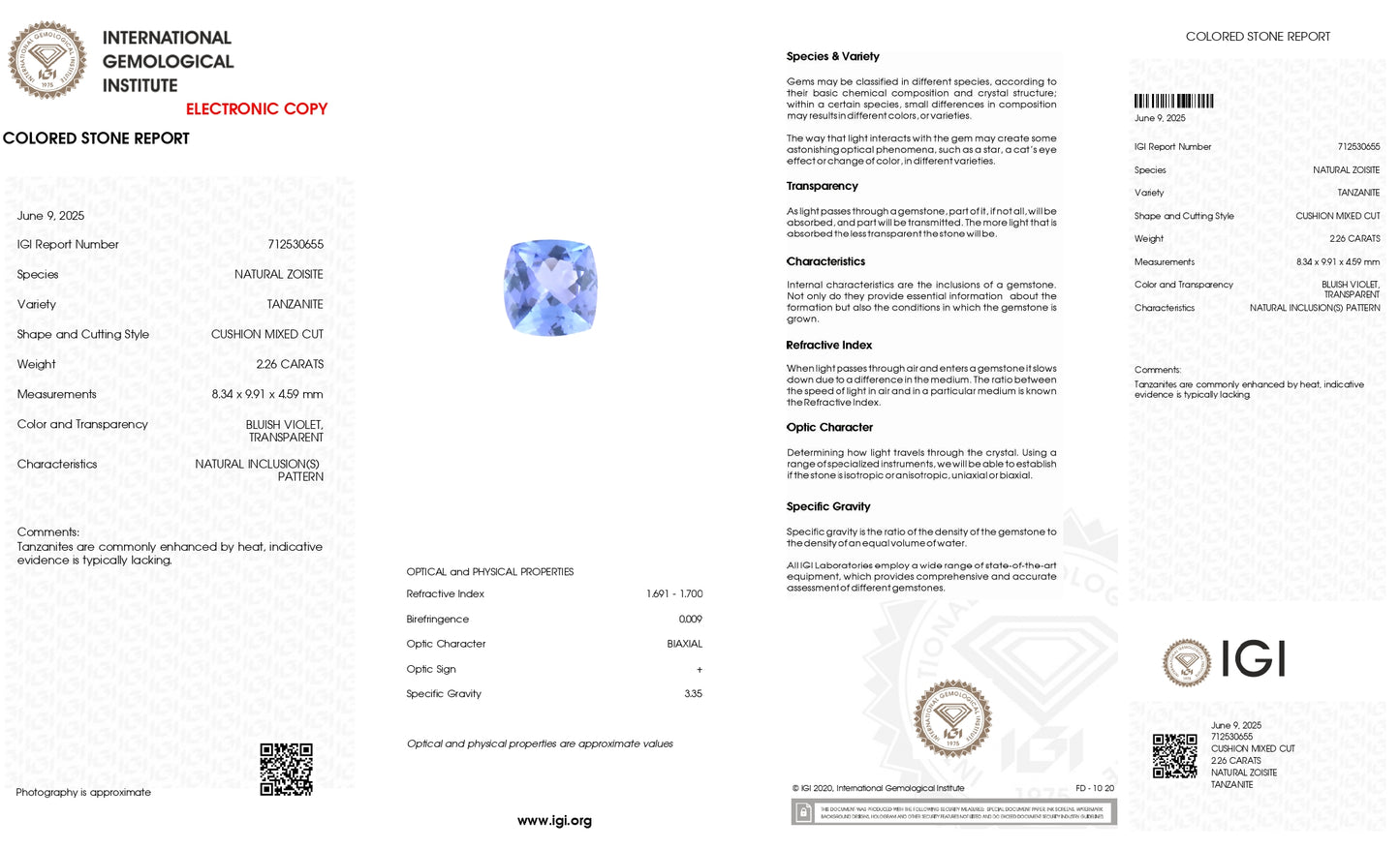 Semi Precious Tanzanite 2.26 Ct Cushion Cut Gemstone for Gold Silver Jewelry Making