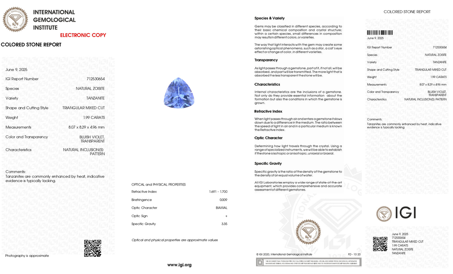 Trillion Cut Tanzanite 2 Ct Semi Precious Loose Stone For Sale, 1 Piece