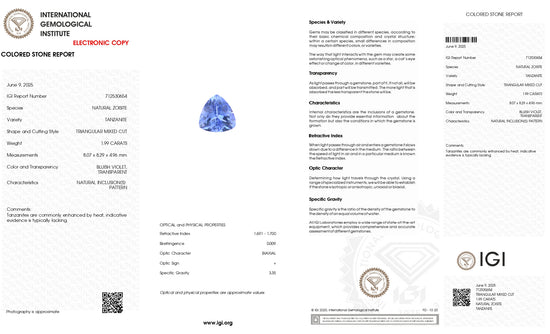 Trillion Cut Tanzanite 2 Ct Semi Precious Loose Stone For Sale, 1 Piece