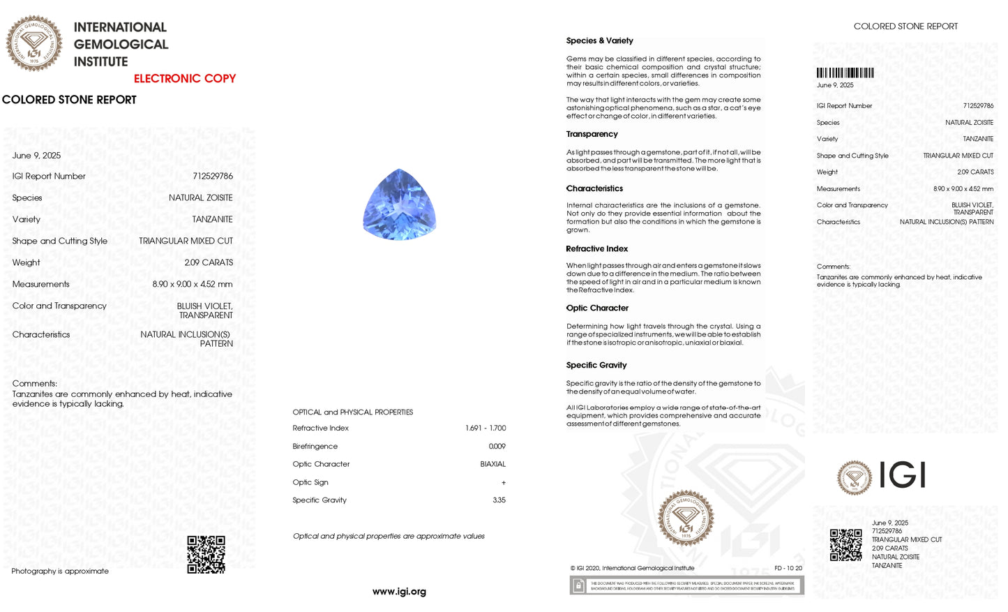 Certified Tanzanite 2.09 Ct Trillion Cut Loop Clean Loose Stone For Sale, 1 Piece