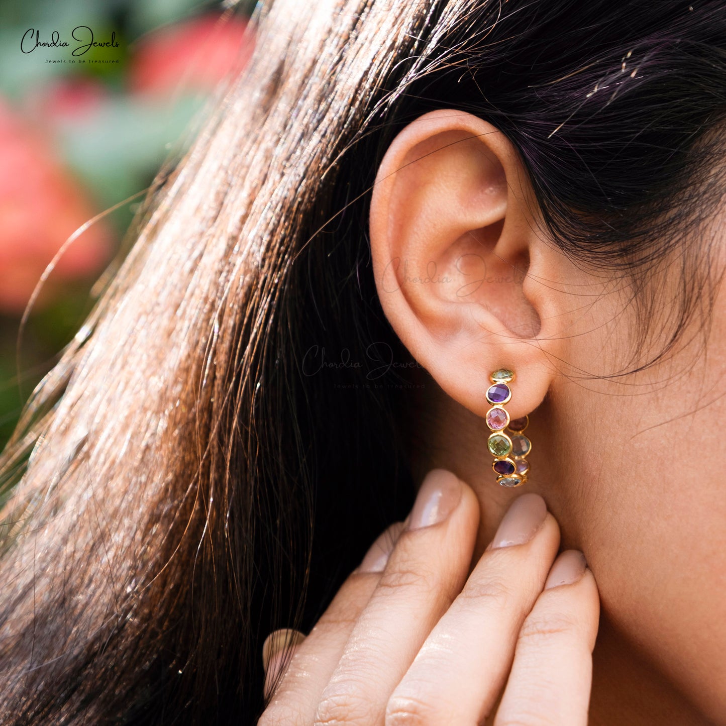 Natural 4mm Multi Gemstone Hoop Earrings 14k Real Yellow Gold Push Back Earrings For Mother