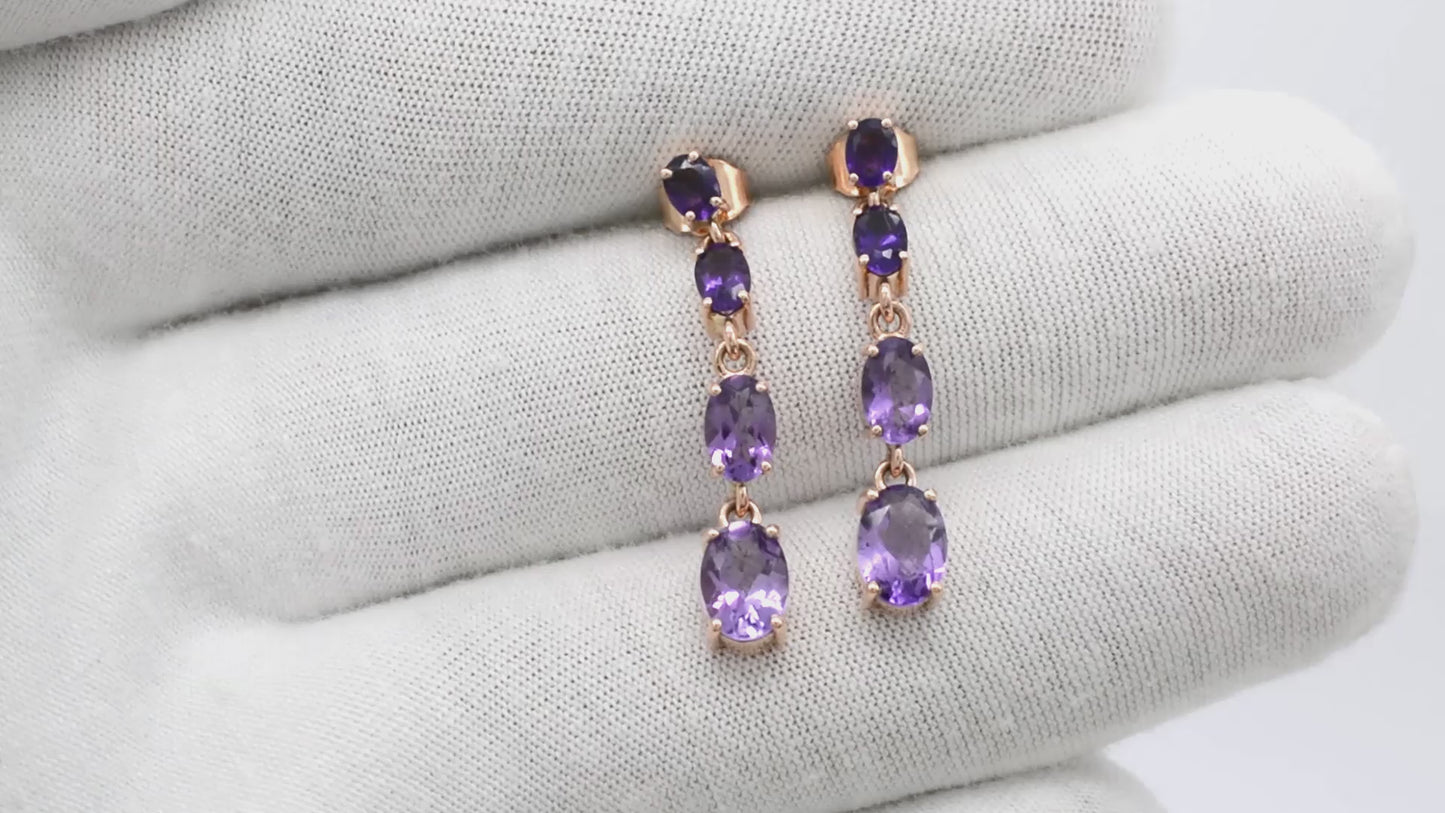 Load and play video in Gallery viewer, natural amethyst drop earrings 4x3mm oval cut gemstone 14k solid rose gold
