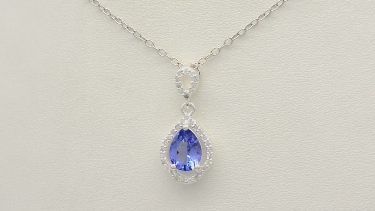 Load and play video in Gallery viewer, Elegant Tanzanite 8x6mm Pear Cut Pendant 14k White Real Gold Diamond Art Deco Fine Jewelry

