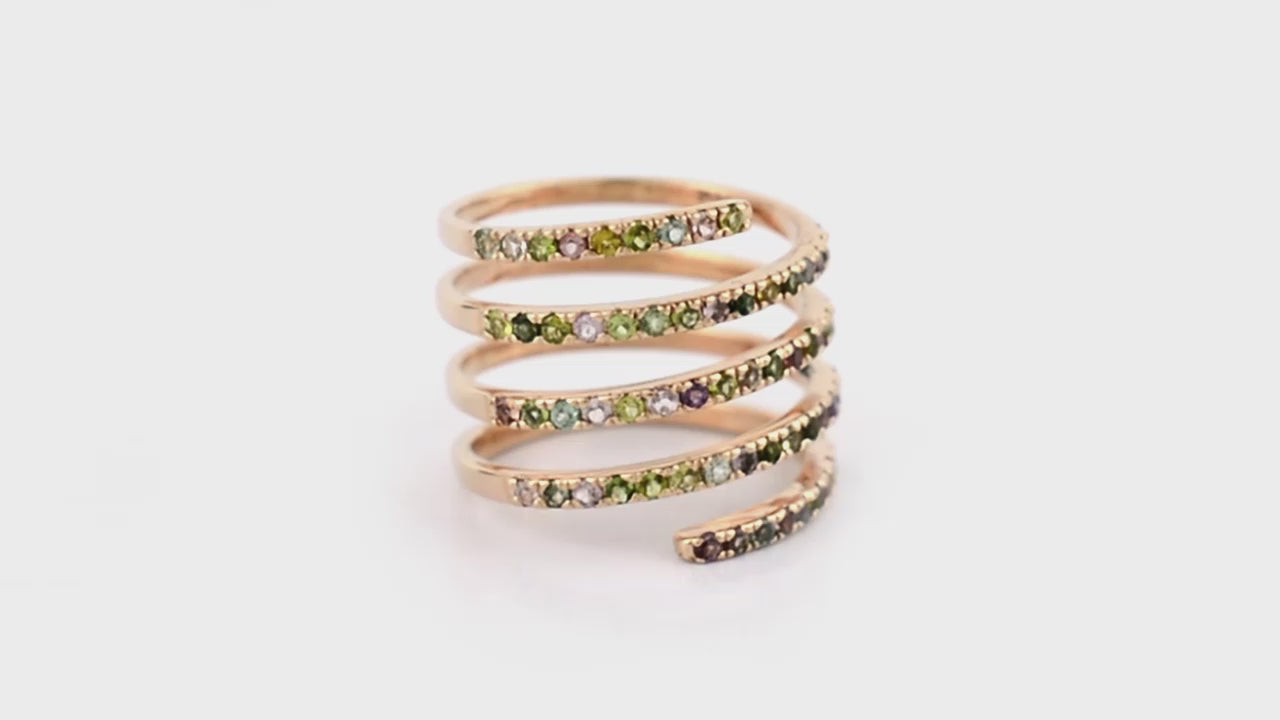 Load and play video in Gallery viewer, Stunning Spiral Ring With Genuine Multi-Tourmaline Hallmarked 14k Rose Gold Wedding Ring
