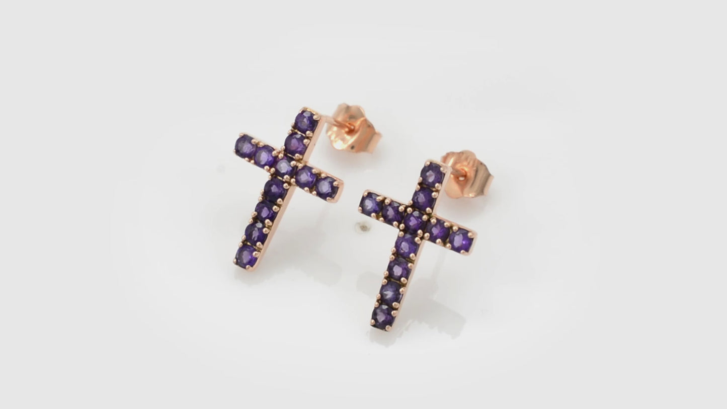 Load and play video in Gallery viewer, amethyst round cut religious  stud earring in 14k solid gold for february birthstone in religious pattern
