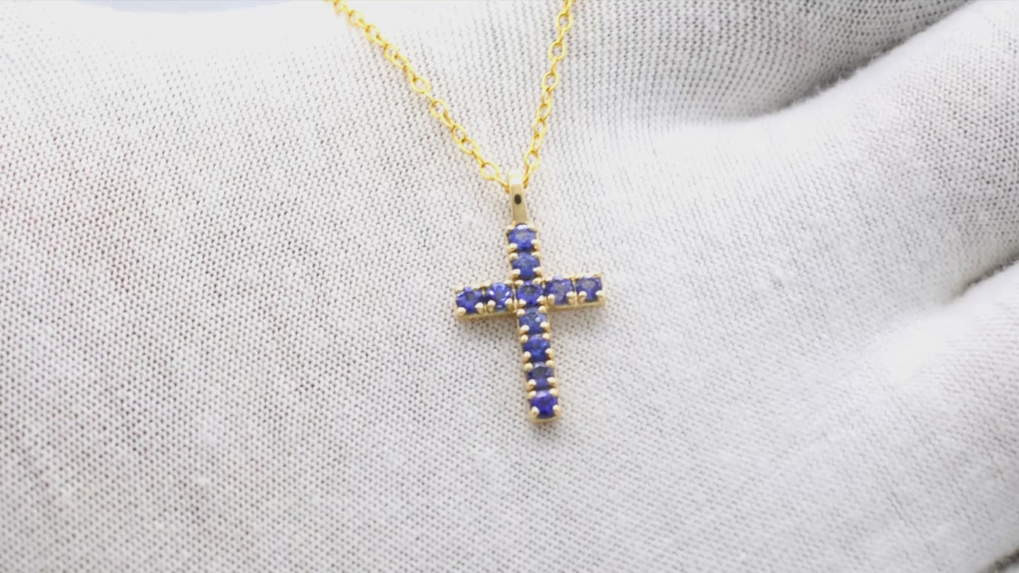 Load and play video in Gallery viewer, Round Cut Religious Locket In Real 14k Yellow Gold Tanzanite 2mm Gemstone Cross Pendant

