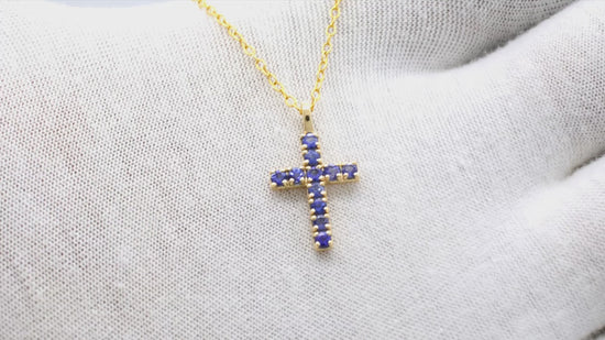 Load and play video in Gallery viewer, Real 14k Yellow Gold Cross Locket Pendant 2mm Round Cut Pave Set Natural Tanzanite Religious Pendant Fine Jewelry For Anniversary
