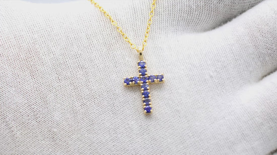 Load and play video in Gallery viewer, Round Cut Religious Locket In Real 14k Yellow Gold Tanzanite 2mm Gemstone Cross Pendant
