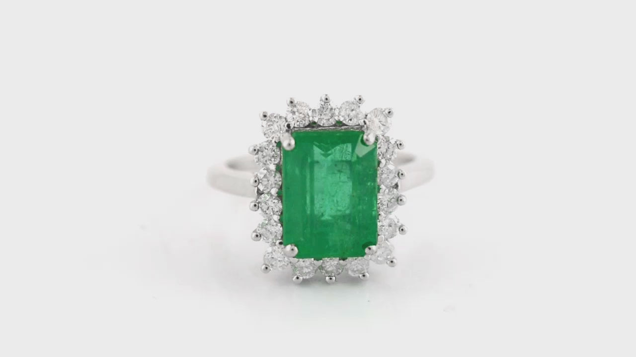 Load and play video in Gallery viewer, White Diamond Natural Emerald Ring 14k Solid white Gold Halo Ring 12x9mm Emerald Cut Gemstone Ring For Engagement
