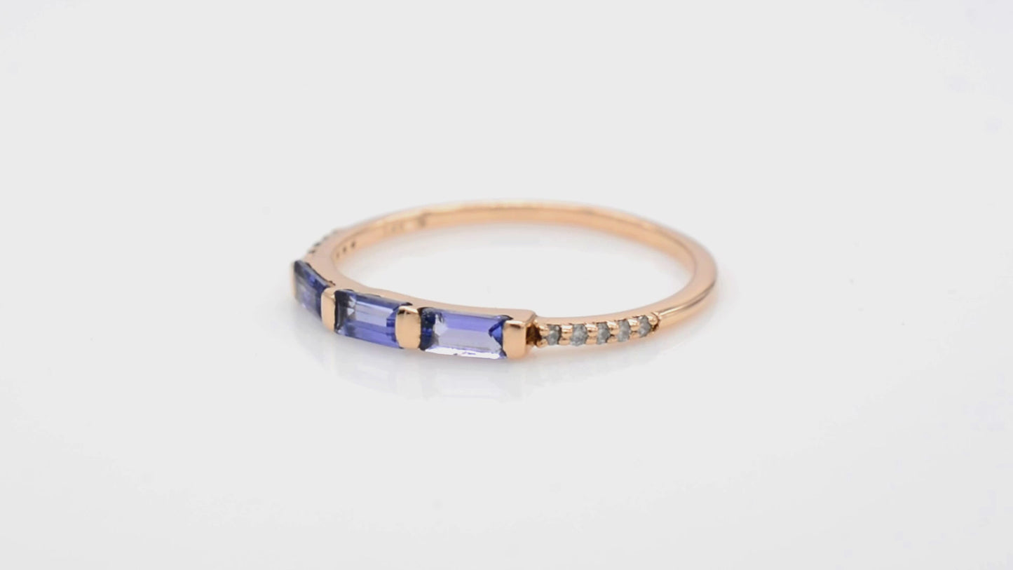 Load and play video in Gallery viewer, Dainty Trilogy Eternity Ring In 14k Solid Gold Genuine Tanzanite &amp;amp; Diamond Accents Band
