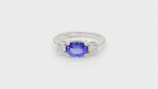 Load and play video in Gallery viewer, Three Stone Ring In 14k White Gold Natural Diamond Accented Dainty Tanzanite Ring For Her
