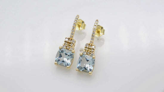 Load and play video in Gallery viewer, Gemstone Push Back Studs In 14k Yellow Gold Aquamarine Pave Diamond Earrings For Mom
