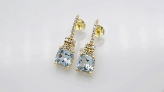 Load and play video in Gallery viewer, Genuine Aquamarine 14k Solid Yellow Gold Diamond Earrings 6mm Cushion Cut Gemstone Dangle Earrings For Her

