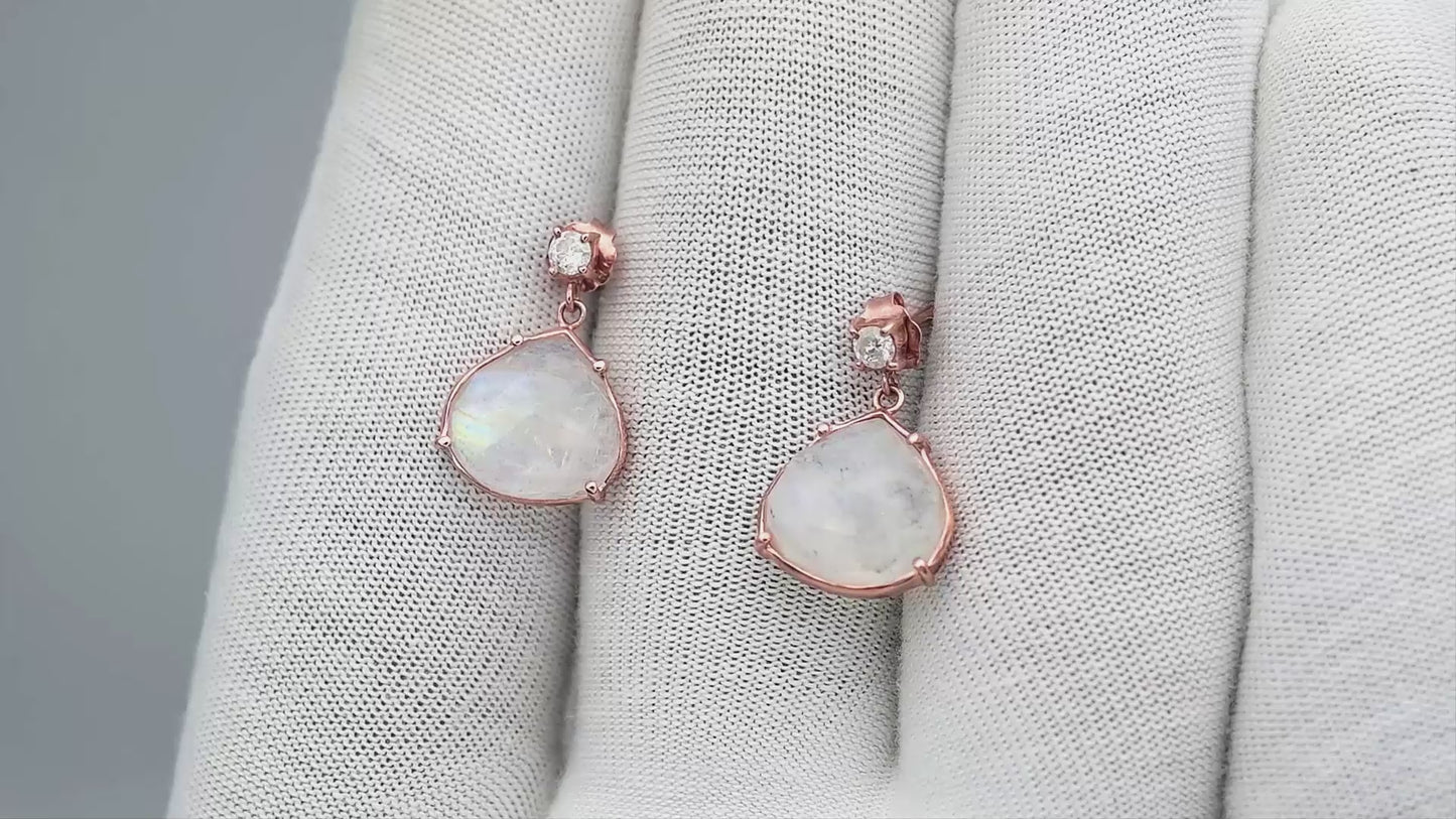 Load and play video in Gallery viewer, Natural Rainbow Moonstone &amp;amp; Diamond Dangle Earrings in 14k Solid Rose Gold Minimalist Jewelry
