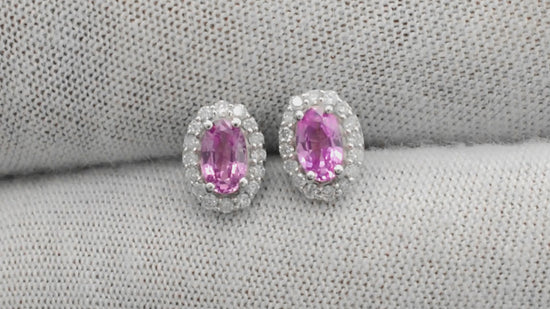 Load and play video in Gallery viewer, Buy Pink Sapphire Halo Earrings
