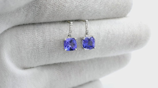 Load and play video in Gallery viewer, Natural Tanzanite Gemstones Earrings with Accented Diamonds in 14k White Gold
