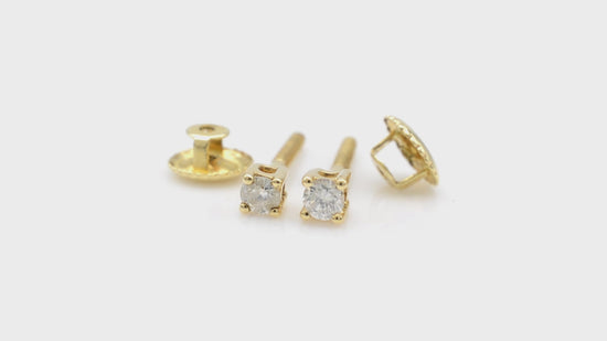 Load and play video in Gallery viewer, Dainty White Diamond Solitaire Studs Solid 14k Yellow Gold Fine Stone Simple Earrings
