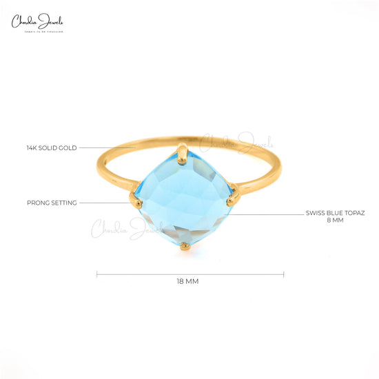 14k Solid Yellow Gold Natural Swiss Blue Topaz Ring 8mm Cushion Cut Gemstone Prong Set Ring Gift for Women's