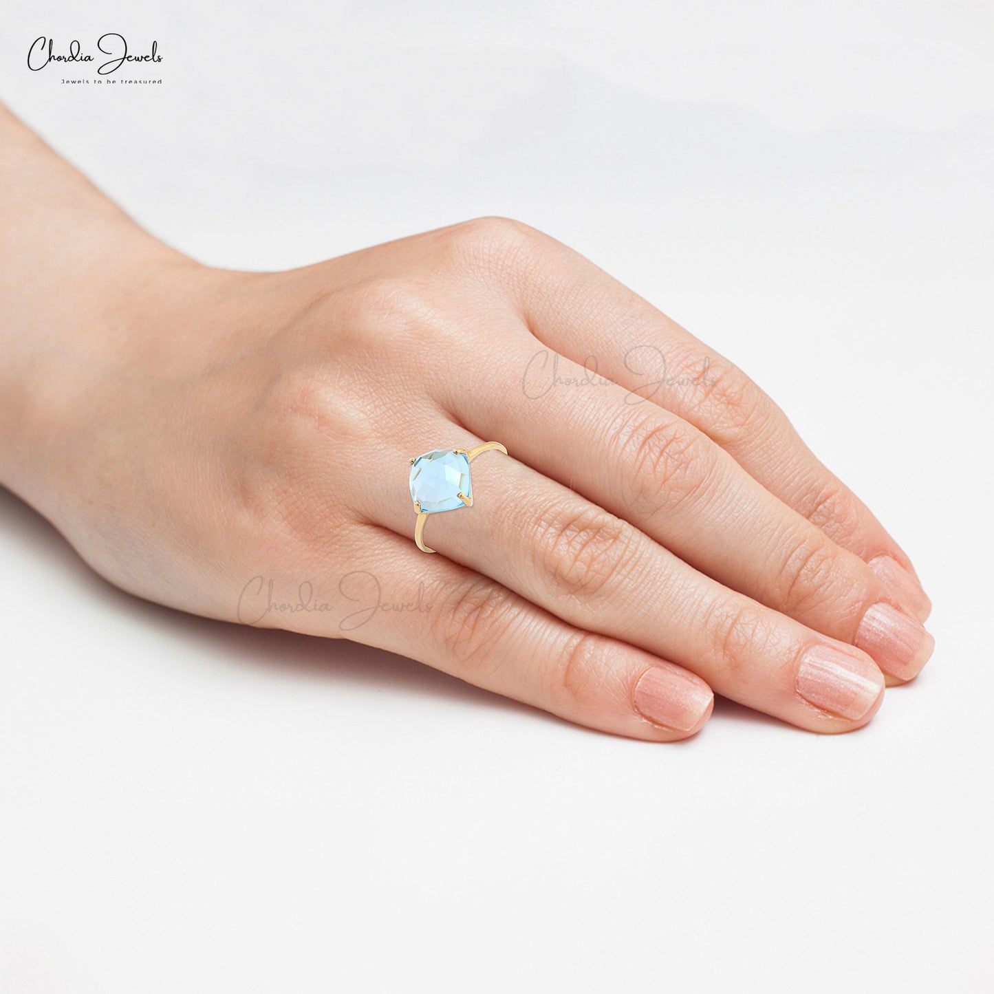 14k Solid Yellow Gold Natural Swiss Blue Topaz Ring 8mm Cushion Cut Gemstone Prong Set Ring Gift for Women's