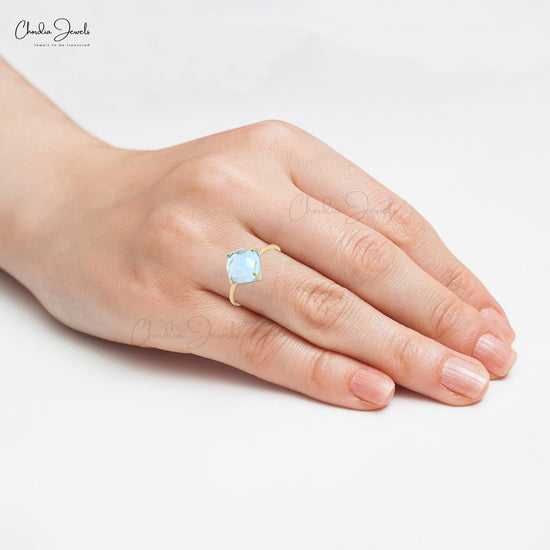 14k Solid Yellow Gold Natural Swiss Blue Topaz Ring 8mm Cushion Cut Gemstone Prong Set Ring Gift for Women's