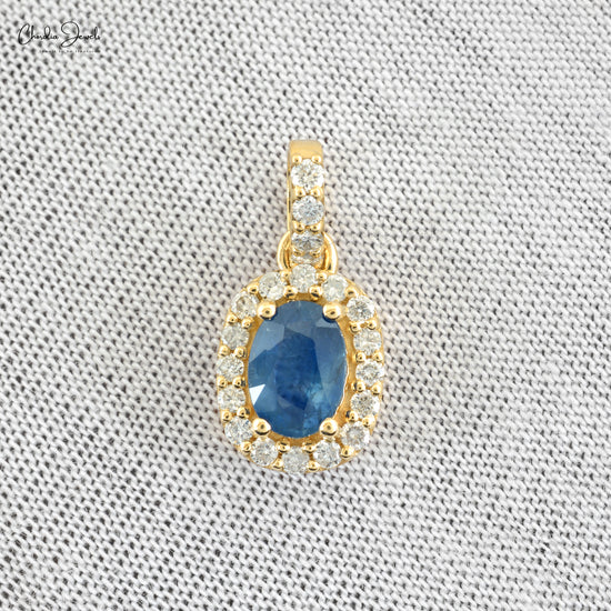 Natural Blue Sapphire Pendant, 14k Solid Yellow Gold Halo Pendant, 7x5mm Oval Faceted Gemstone Pendant, September Birthstone Pendant Gift for Her