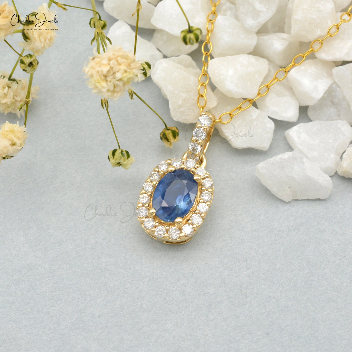 Natural Blue Sapphire Pendant, 14k Solid Yellow Gold Halo Pendant, 7x5mm Oval Faceted Gemstone Pendant, September Birthstone Pendant Gift for Her