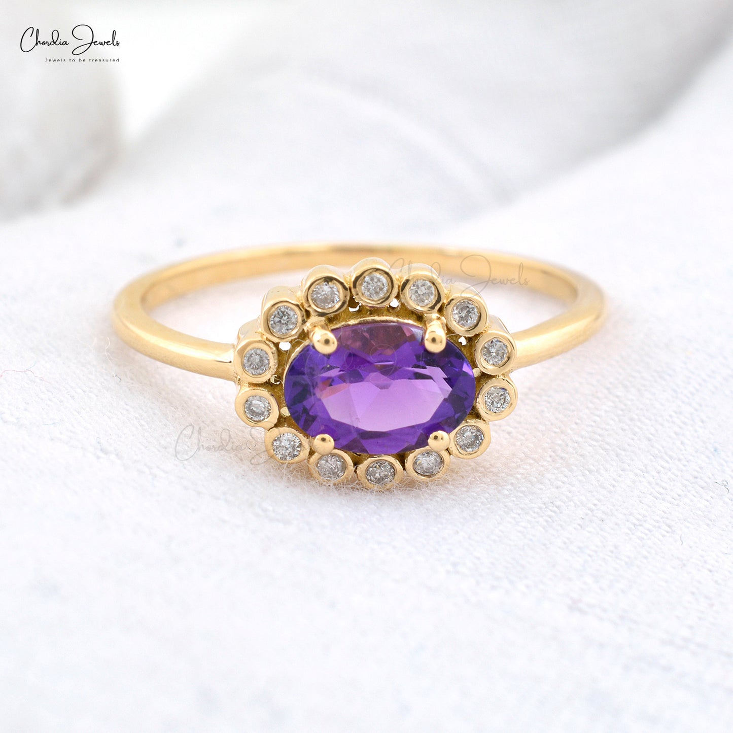Stunning 14k Real Gold Promise Ring Genuine 0.72CT Amethyst with Diamond Halo Dainty Ring