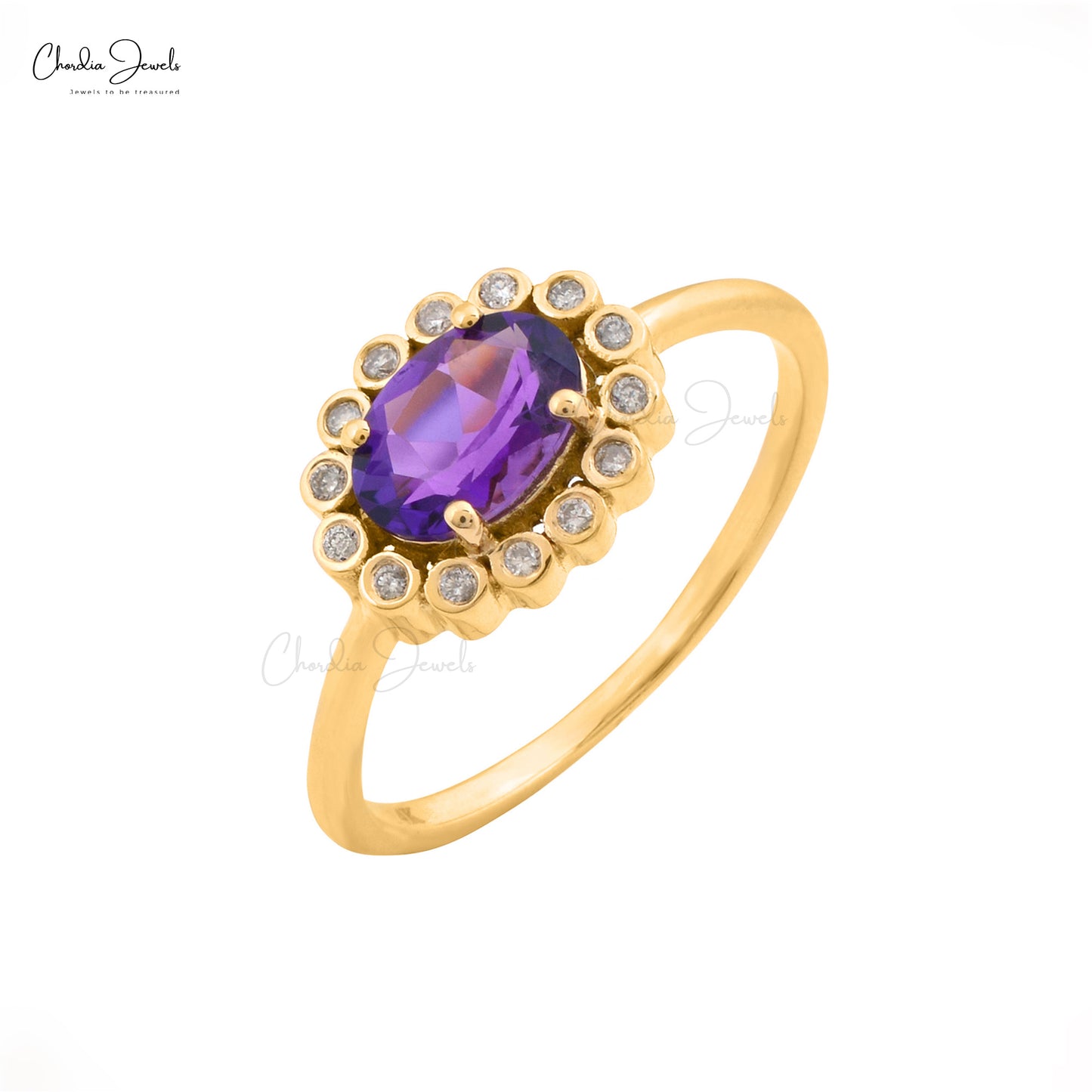 Stunning 14k Real Gold Promise Ring Genuine 0.72CT Amethyst with Diamond Halo Dainty Ring