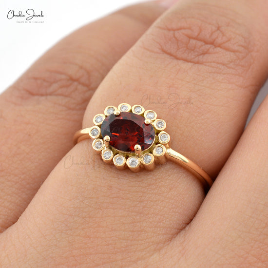 Natural Garnet Halo Ring in 14k Solid Yellow Gold