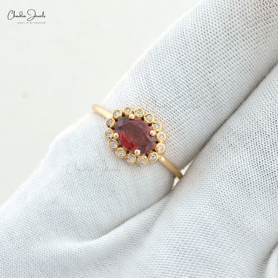 Natural Garnet Halo Ring in 14k Solid Yellow Gold