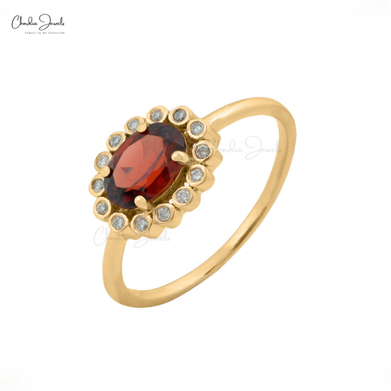 Natural Garnet Halo Ring in 14k Solid Yellow Gold