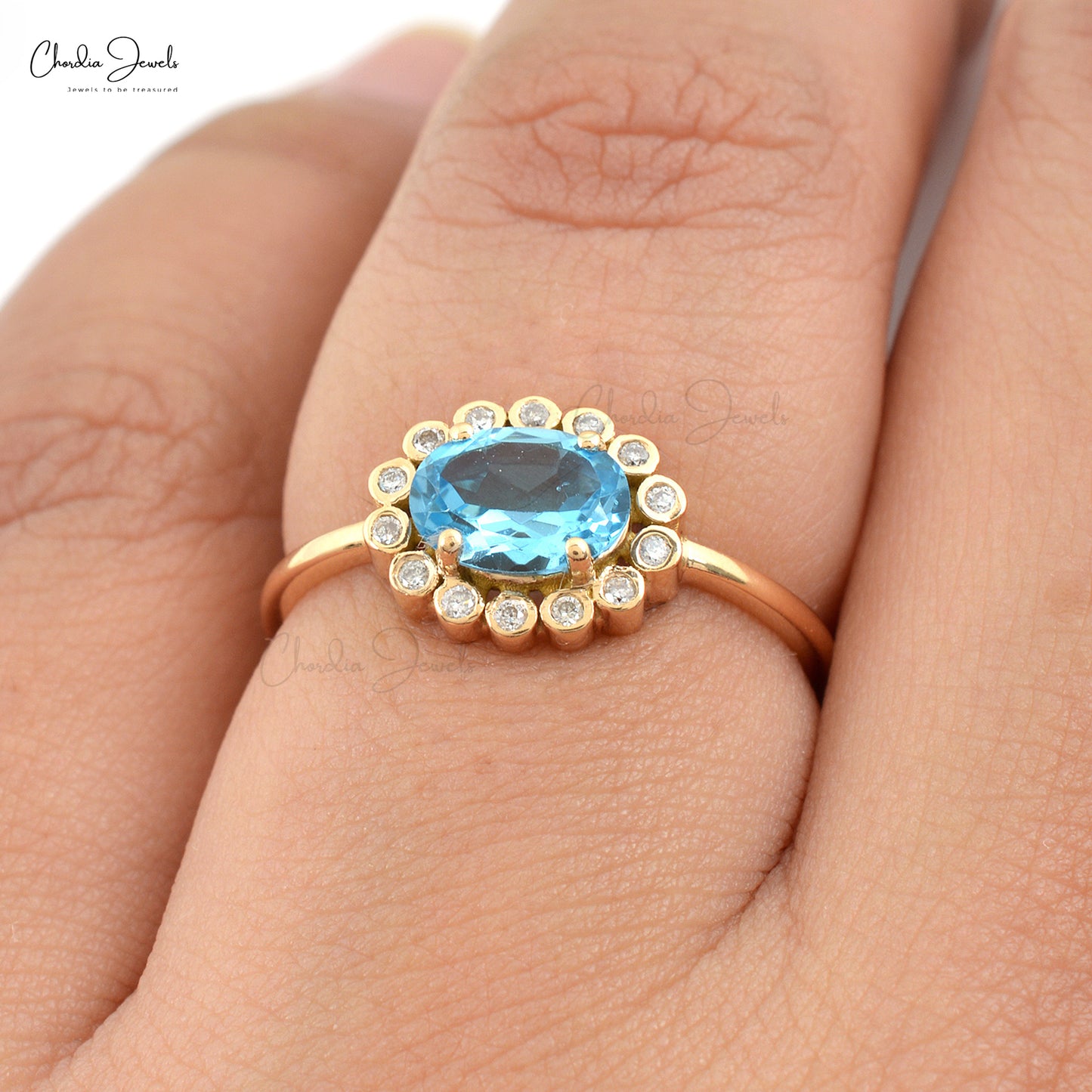 Pure 14K Yellow Gold Halo Ring with 7x5mm Swiss Blue Topaz Diamond Wedding Rings Swiss Blue Topaz Yellow Gold US 6.5