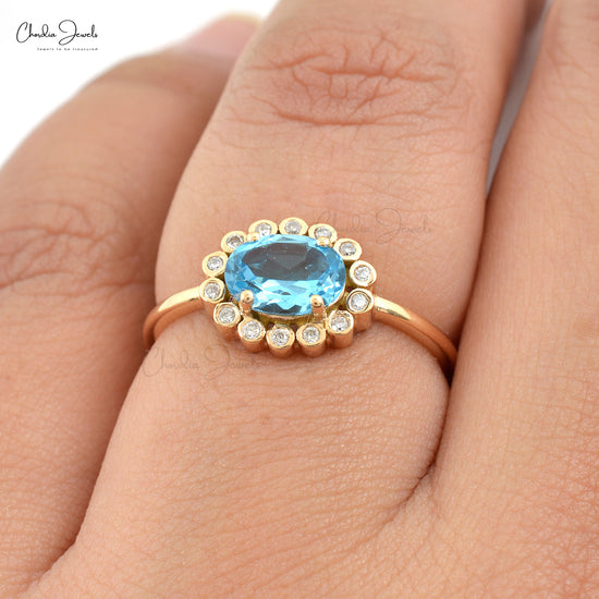 14k Solid Yellow Gold Ring, Natural Swiss Blue Topaz Halo Ring, 7x5mm Oval Gemstone Ring, December Birthstone Wedding Ring Gift for Her