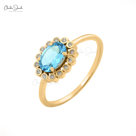 Load image into Gallery viewer, 14k Solid Yellow Gold Ring, Natural Swiss Blue Topaz Halo Ring, 7x5mm Oval Gemstone Ring, December Birthstone Wedding Ring Gift for Her
