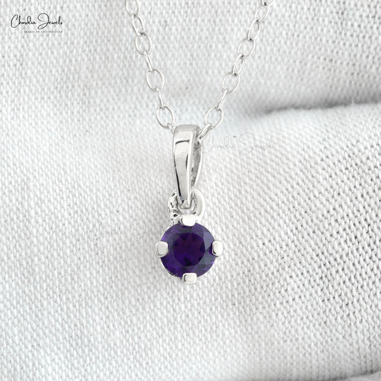 Round Brilliant Cut Amethyst Solitaire Pendant Necklace 14k Real White Gold Natural Gemstone Light Weight Jewelry