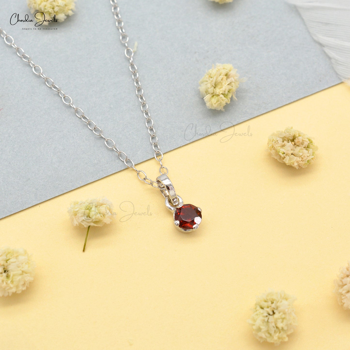 Solitaire Gemstone Pendant Necklace in 14k Real White Gold Natural Red Garnet Handmade Jewelry For Birthday Gift