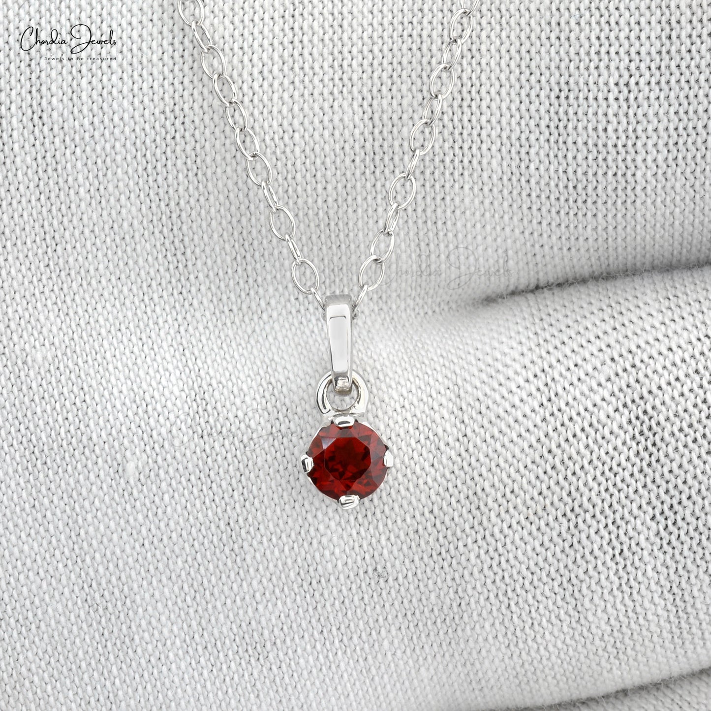 Solitaire Gemstone Pendant Necklace in 14k Real White Gold Natural Red Garnet Handmade Jewelry For Birthday Gift