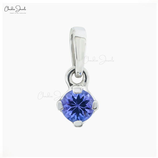 Round Brilliant Cut 4mm Natural Blue Tanzanite Solitaire Pendant, 0.23 Ct December Birthstone Gemstone Pendant For Gift, 14k Solid White Gold 4-Prong Set Hallmarked Jewelry