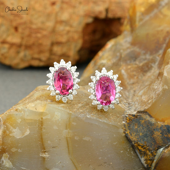 Pink Tourmaline Halo Stud Earrings